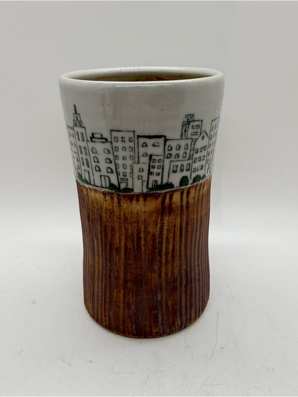 Art Pottery City Scape Skyline Vase/ Tumbler Artist Signed Two Tone 5.5” Studio